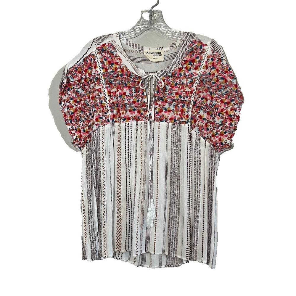 Colorful Floral Embroidery Tunic Top 1X Boho Indie Festival Western Tropical 90s
